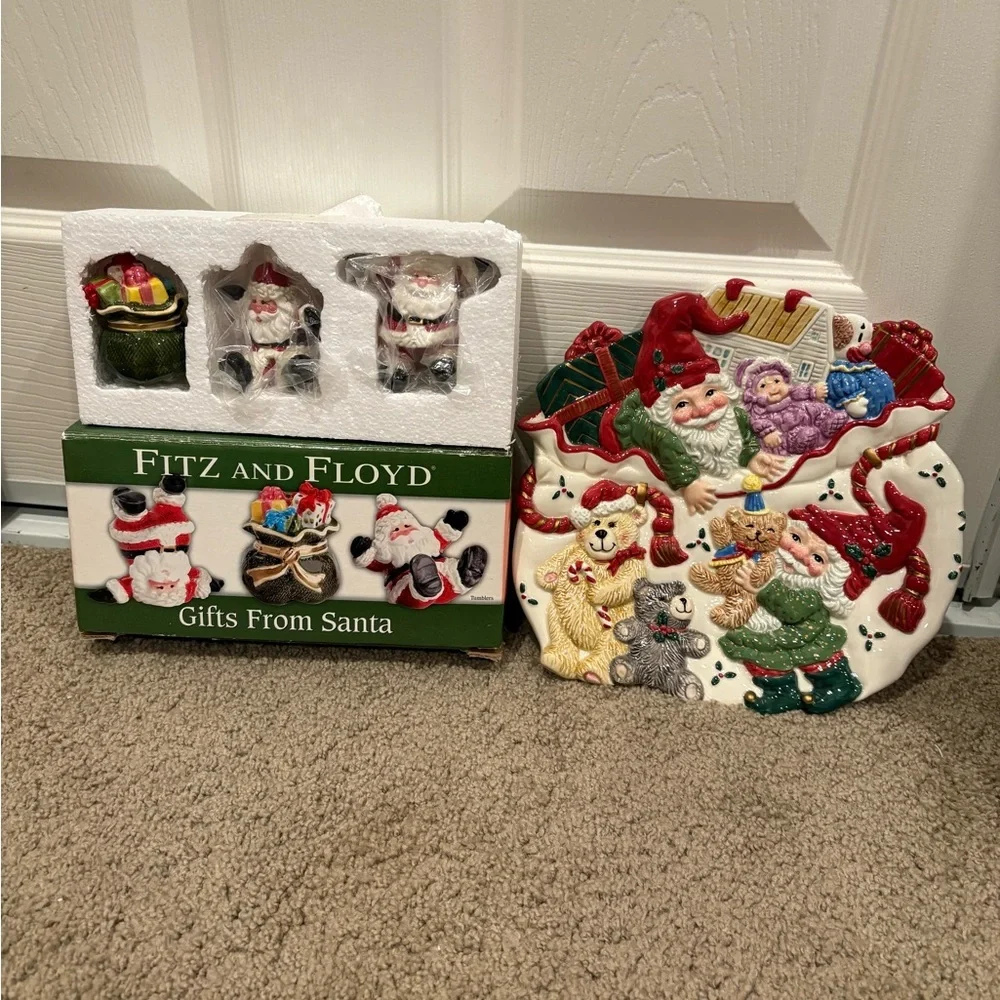 Vintage Fitz and Floyd Christmas Holiday Collection Set Incl Platter & Figurines